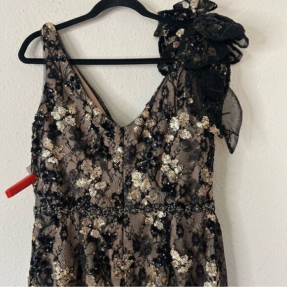 Mac Duggal Floral Embellished V-Neck Midi Dress With Shoulder Bow NEW Size 12 - Picture 9 of 12